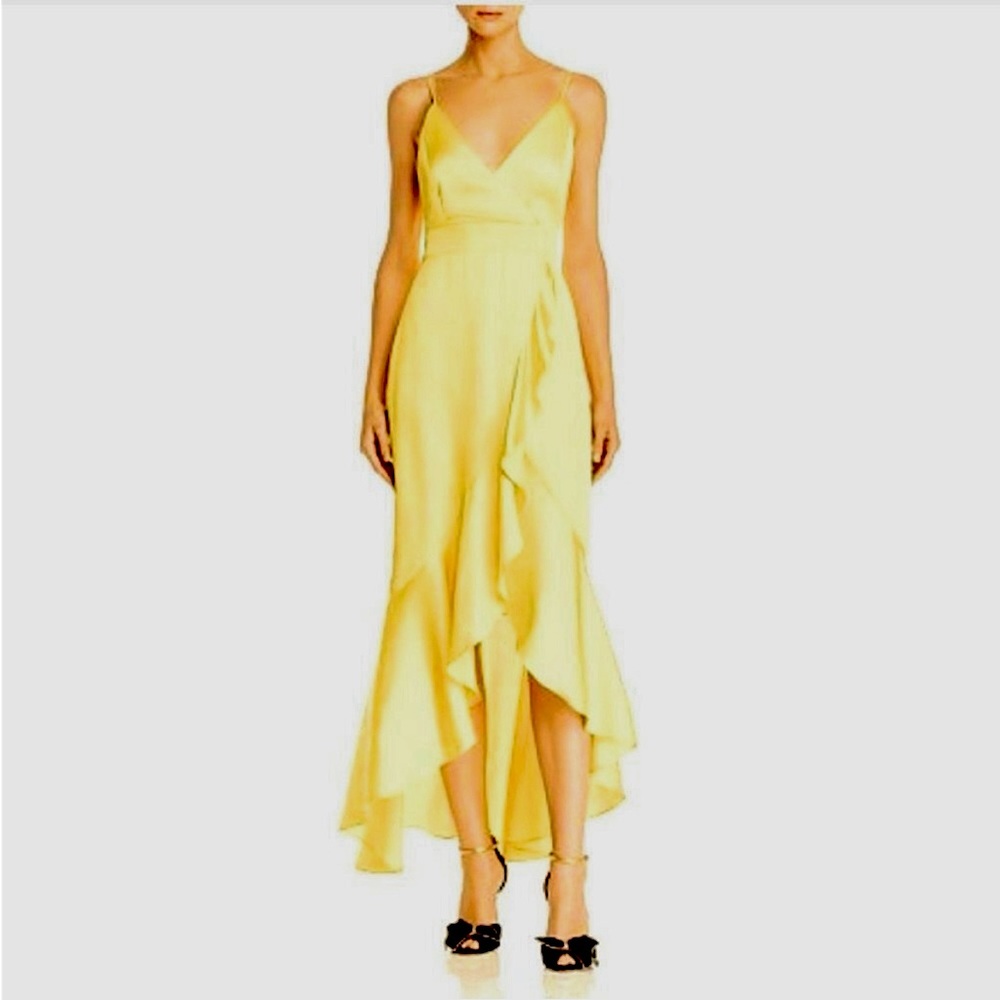 💛 Laundry by Shelli Segal Yellow Satin High-Low Ruffle Dress – Size 2